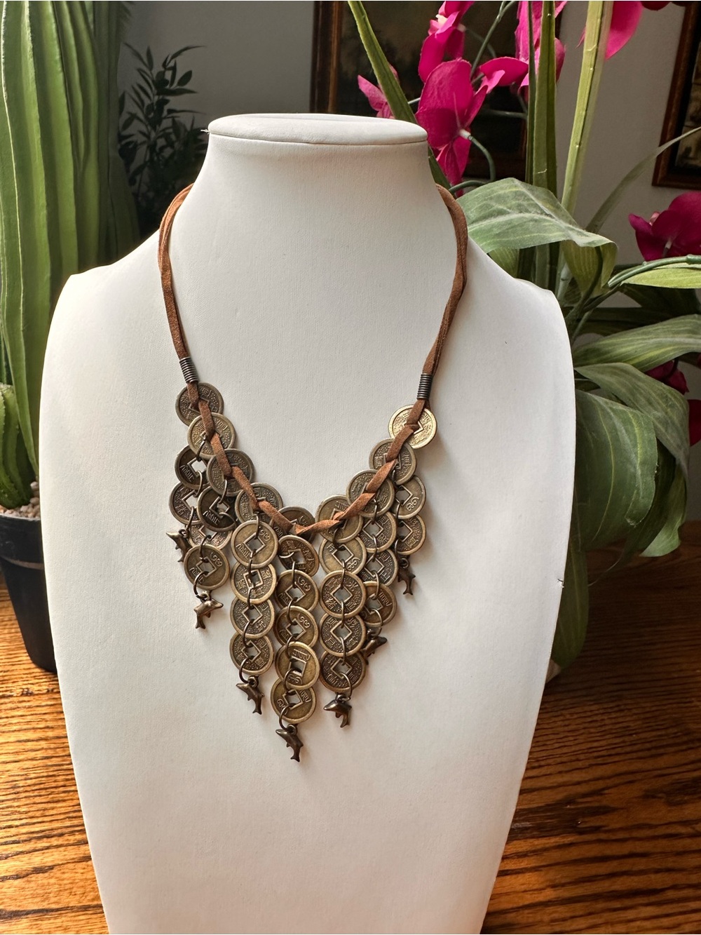 Boho Chinese Lucky Coin Statement Necklace.